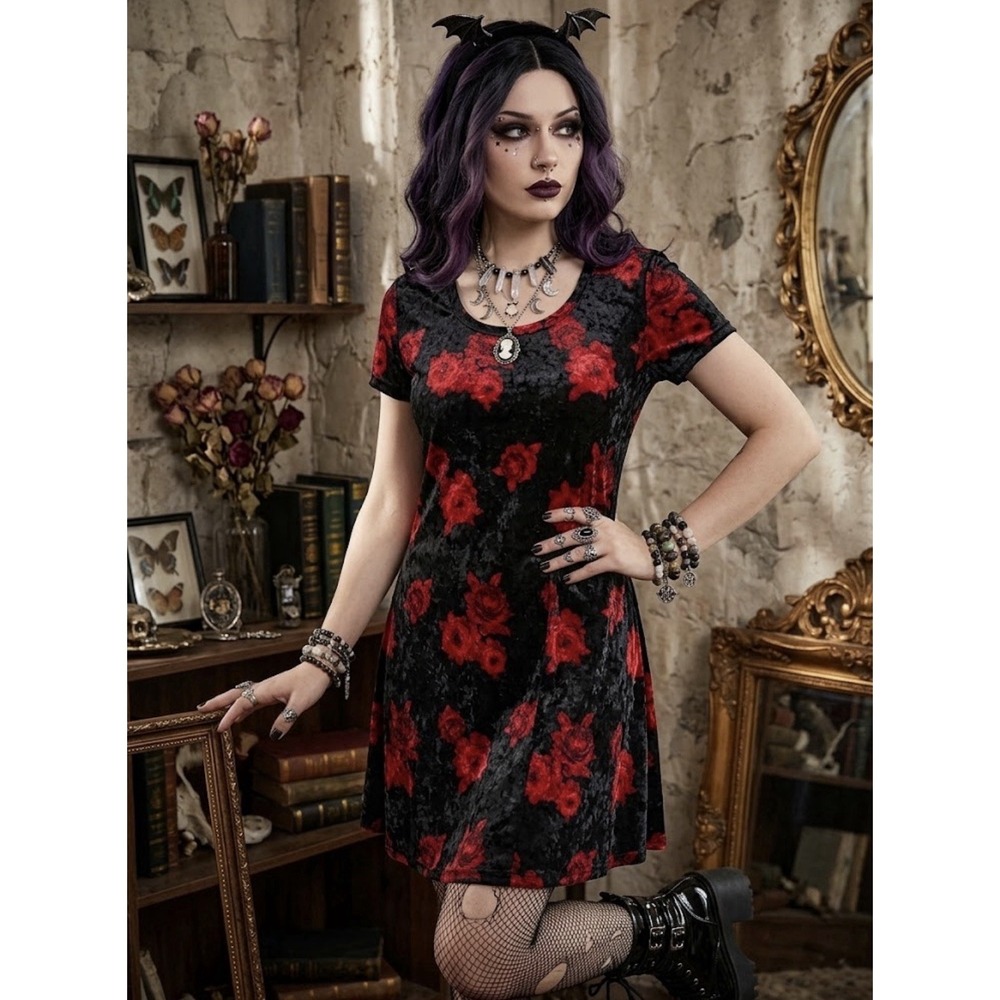Vtg Pinc 1X Velvet Dress Rose Floral Whimsigoth Dark Romantic Moody 90s